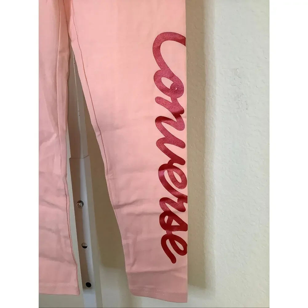 Converse Girls MD Storm Pink Logo Metallic Ink Print Leggings Streetwear U7-8